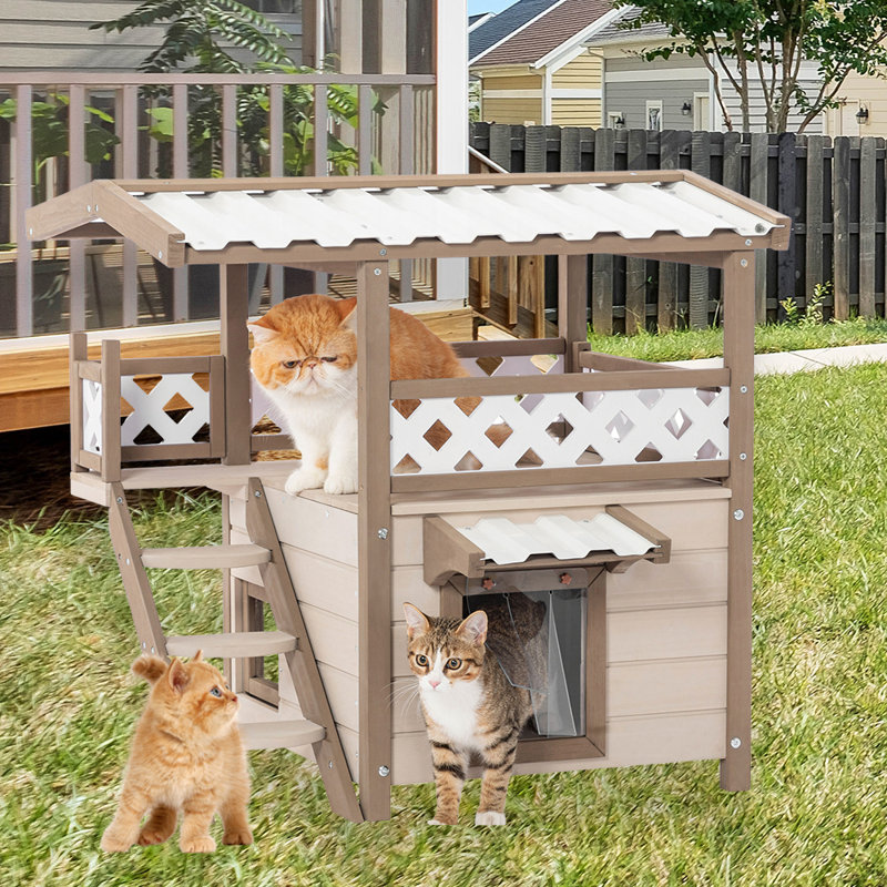 Tucker Murphy Pet Deeandra Outdoor Solid Wood Cat House with Escape Door 2 Story Cat House Outside Cat House PVC Roof Wayfair